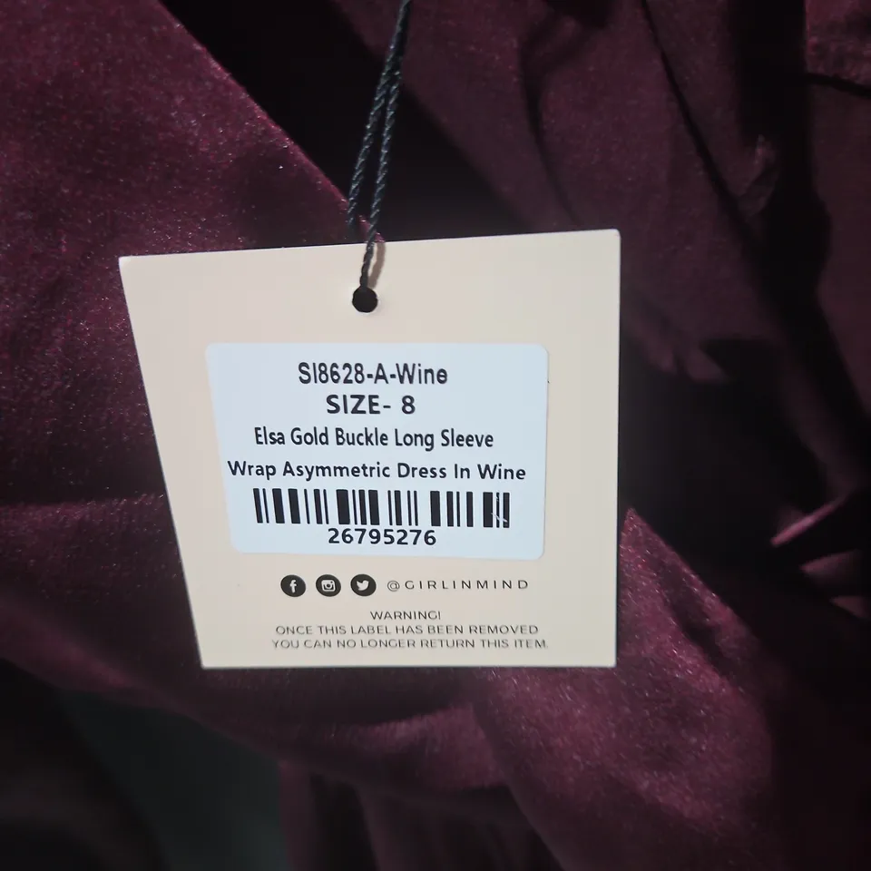 GIRL IN MIND ELSA GOLD BUCKLE LONG SLEEVE WRAP DRESS – WINE, UK 8