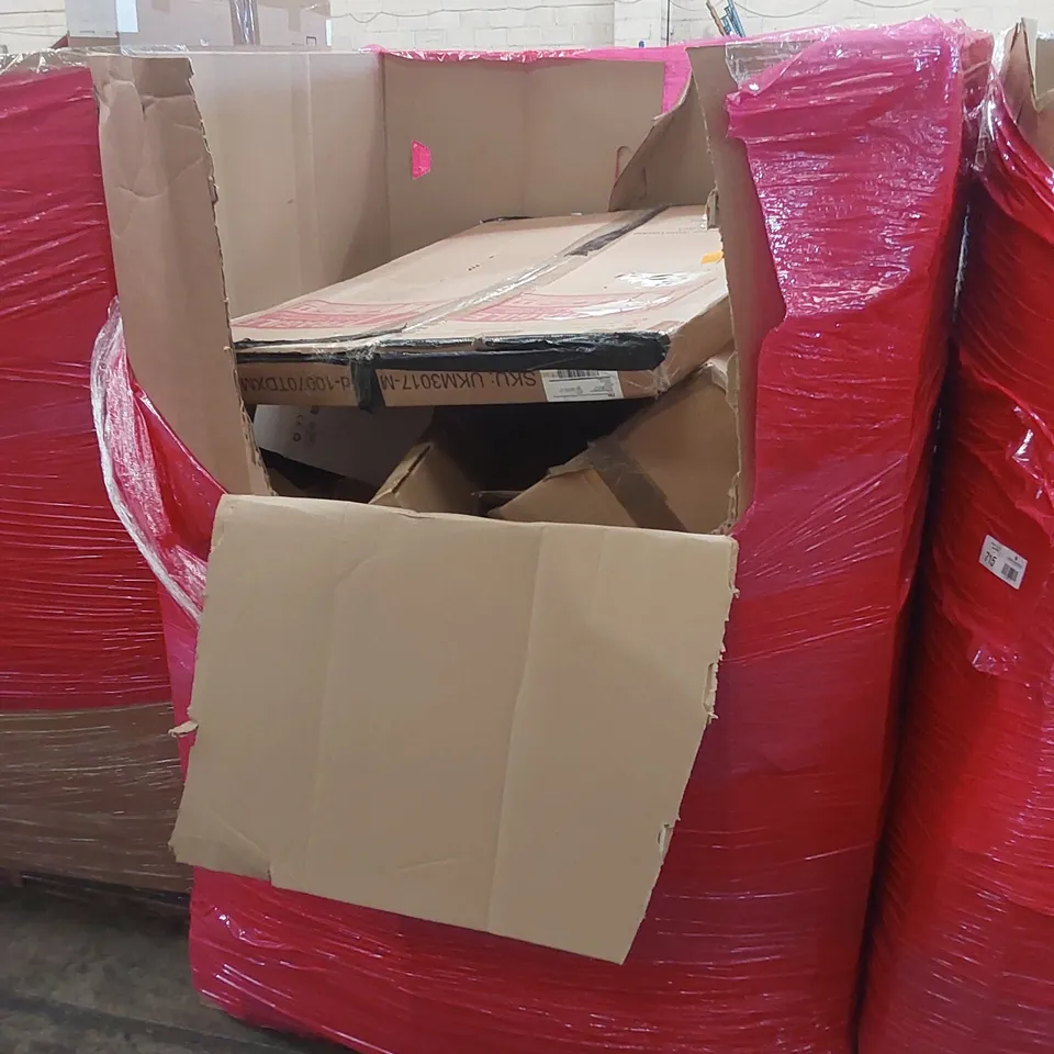 PALLET OF ASSORTED HOUSEHOLD ITEMS AND CONSUMER PRODUCTS TO INCLUDE; FOLDING EXERCISE BIKE, PAN, TOILET SEAT, BOXED FURNITURE ETC 