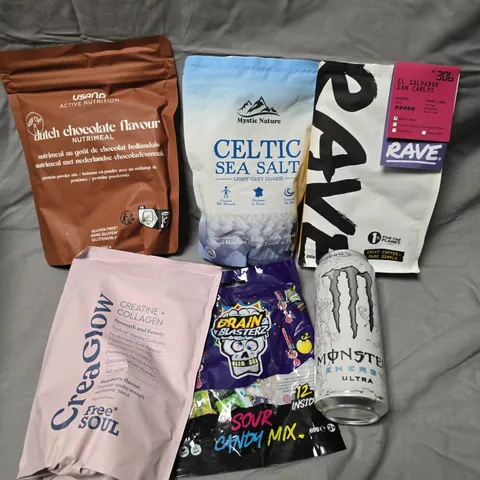 APPROXIMATELY 10 ASSORTED FOOD/DRINK PRODUCTS TO INCLUDE RAVE COFFEE, CELTIC SEA SALT, MONSTER ENERGY DRINK ETC