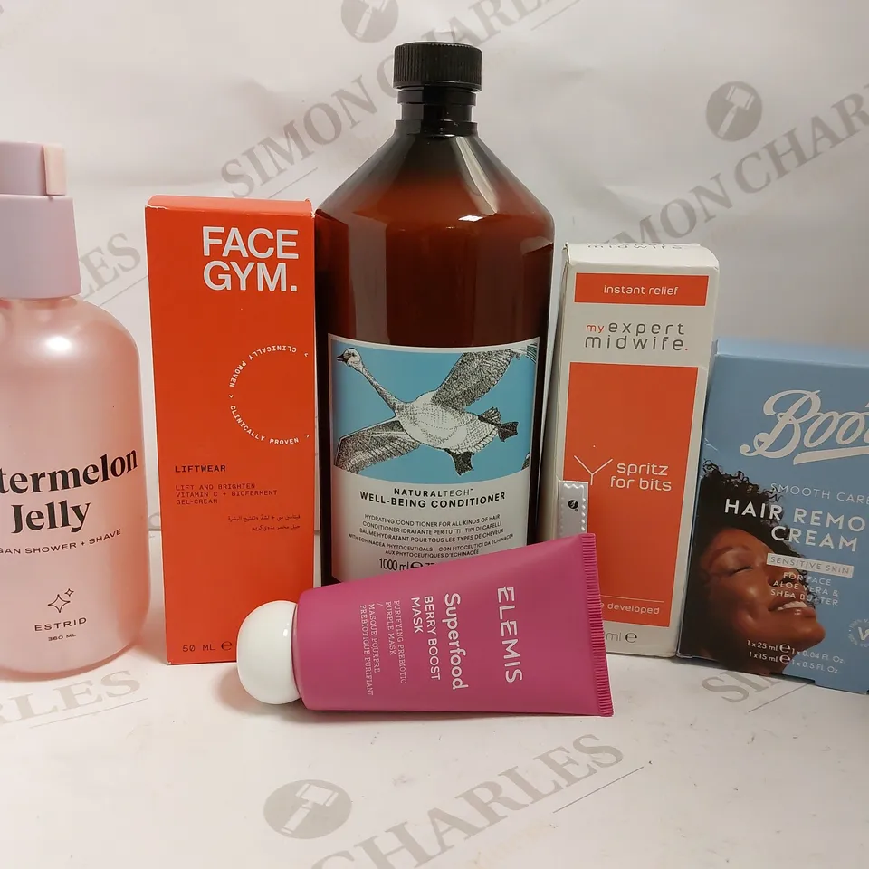 BOX OF APPROX 20 COSMETIC ITEMS TO INCLUDE FACE GYM LIFTWEAR. ELEMIS SUPERFOOD BERRY BOOST MASK, BOOTS HAIR REMOVAL CREAM