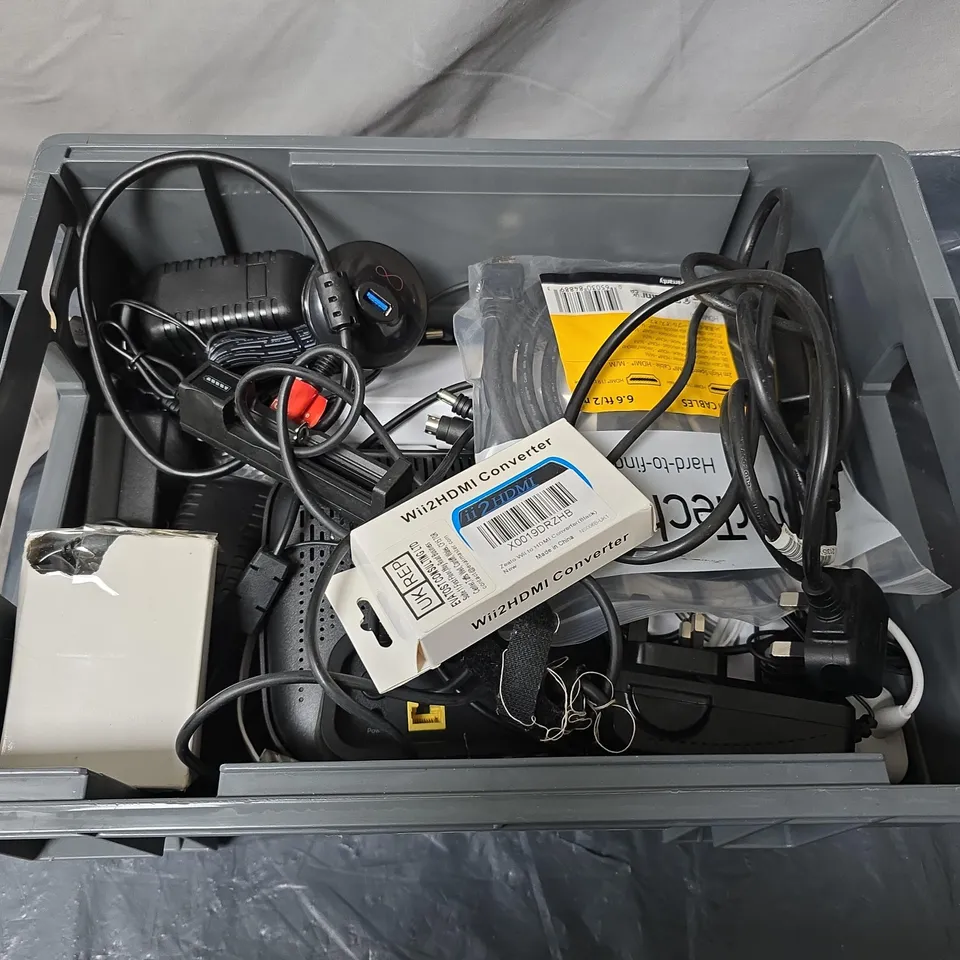 APPROXIMATELY 20 ASSORTED HOUSEHOLD ITEMS TO INCLUDE ASSORTED CABLES, BT BOX AND SKY BOX
