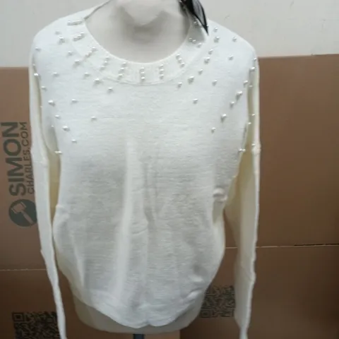 AX PARIS CREAM PEARL-EMBELLISHED KNIT JUMPER, UK 8