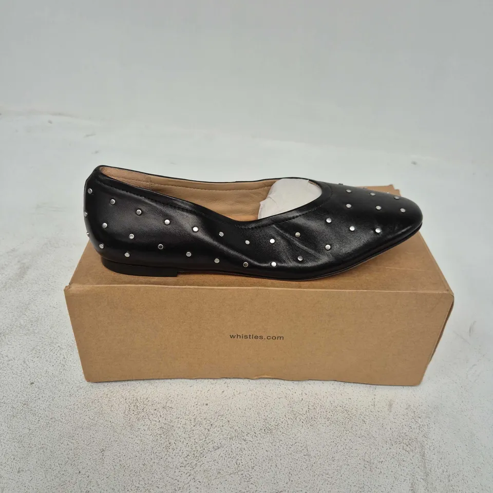 BOXED PAIR OF WHISTLES KARINA STUDDED BALLET PUMPS IN BLACK - UK 6