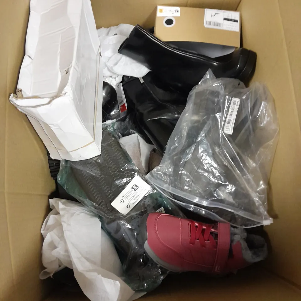 BOX OF APPROXIMATELY 10 PAIRS OF ASSORTED SHOES IN VARIOUS COLOUR, STYLES AND SIZES