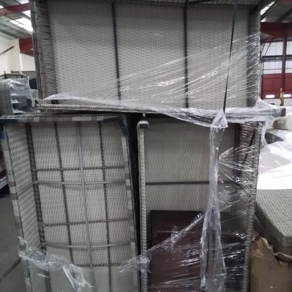 PALLET OF ASSORTED GREY RATTAN GARDEN FURNITURE PARTS INCLUDING FOOTSTOOLS, SOFA SECTIONS. 