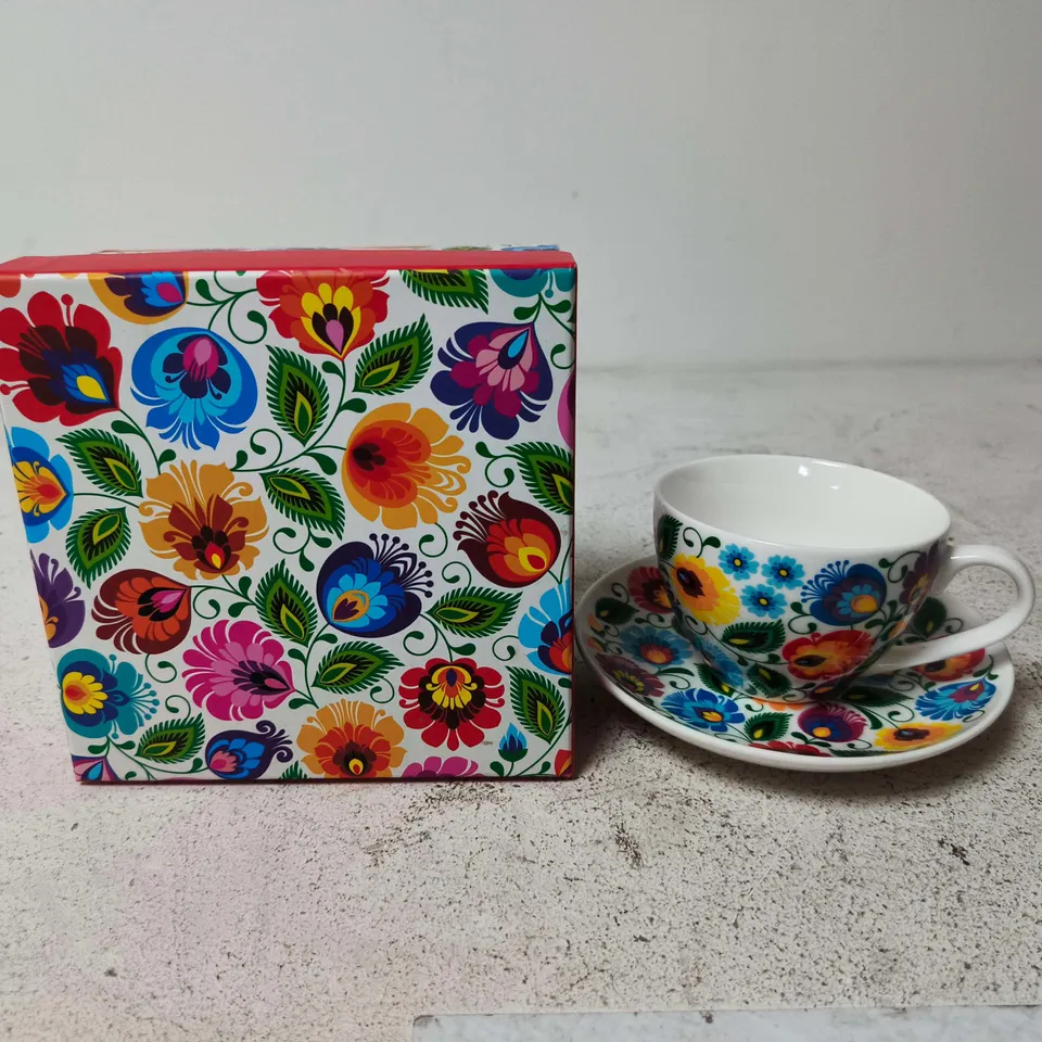 FOLKSTAR POLISH FOLK IRENA WHITE CUP AND SAUCER - LOWICZ