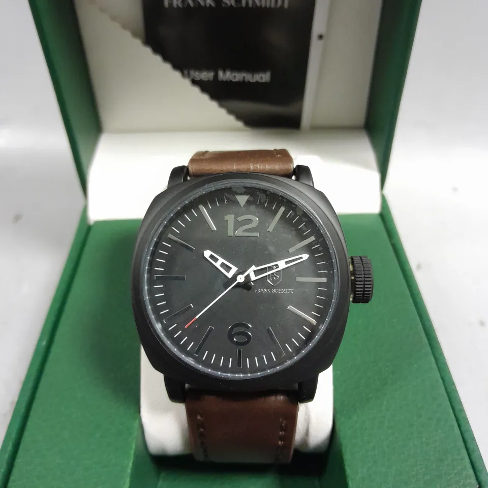 BOXED FRANK SCHMIDT LARGE BLACK CASE BLACK FACE WATCH