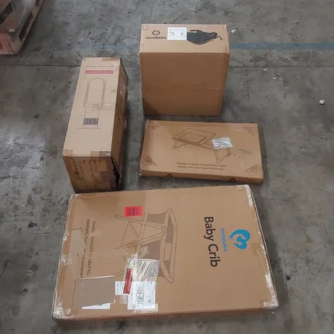 PALLET OF ASSORTED HOUSEHOLD ITEMS AND CONSUMER PRODUCTS TO INCLUDE; BABY CRIB, HEATER FAN, BOOSTER SEAT, BOXED FURNITURE ETC