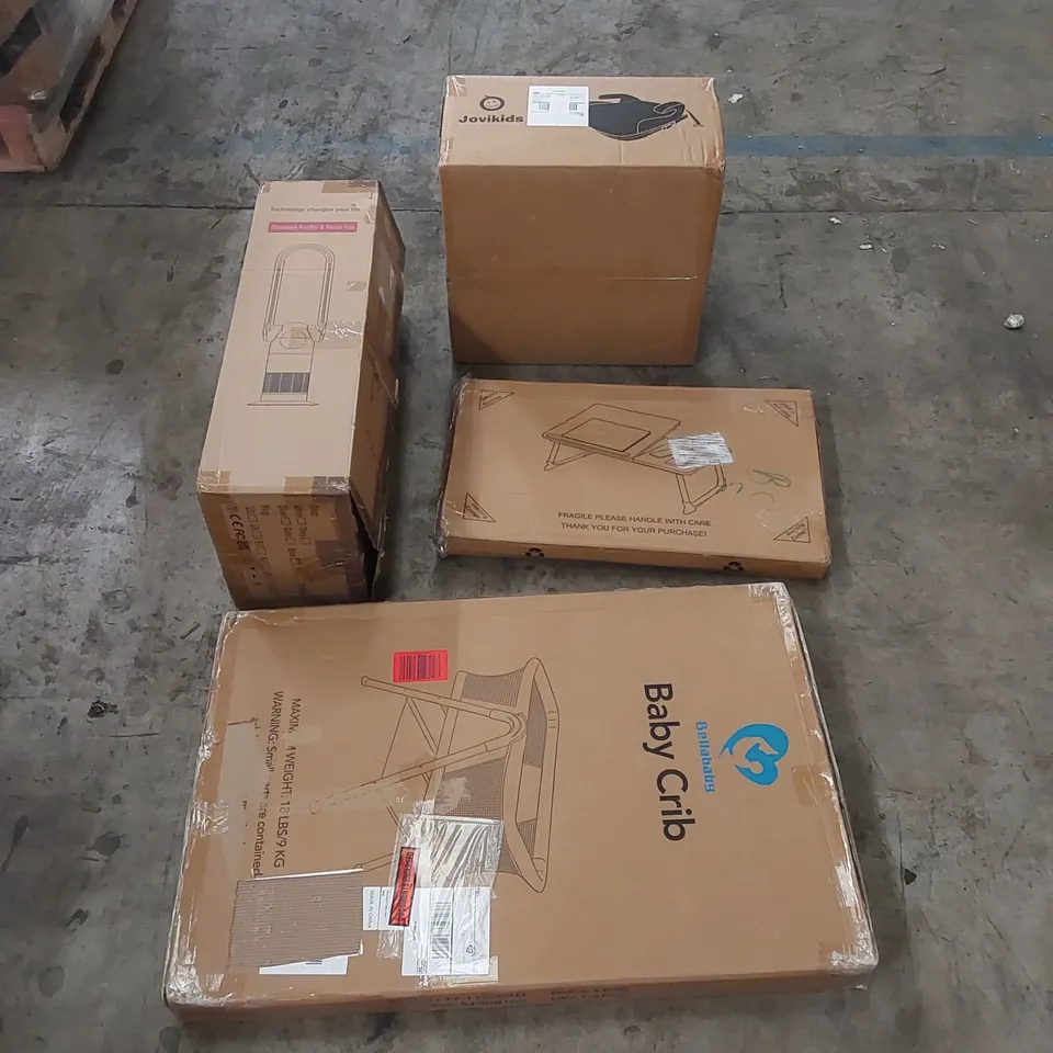 PALLET OF ASSORTED HOUSEHOLD ITEMS AND CONSUMER PRODUCTS TO INCLUDE; BABY CRIB, HEATER FAN, BOOSTER SEAT, BOXED FURNITURE ETC 