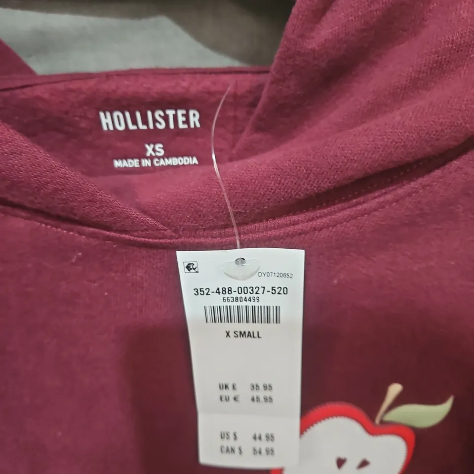 HOLLISTER HOODIE UK XS – MAROON WITH APPLE GRAPHIC
