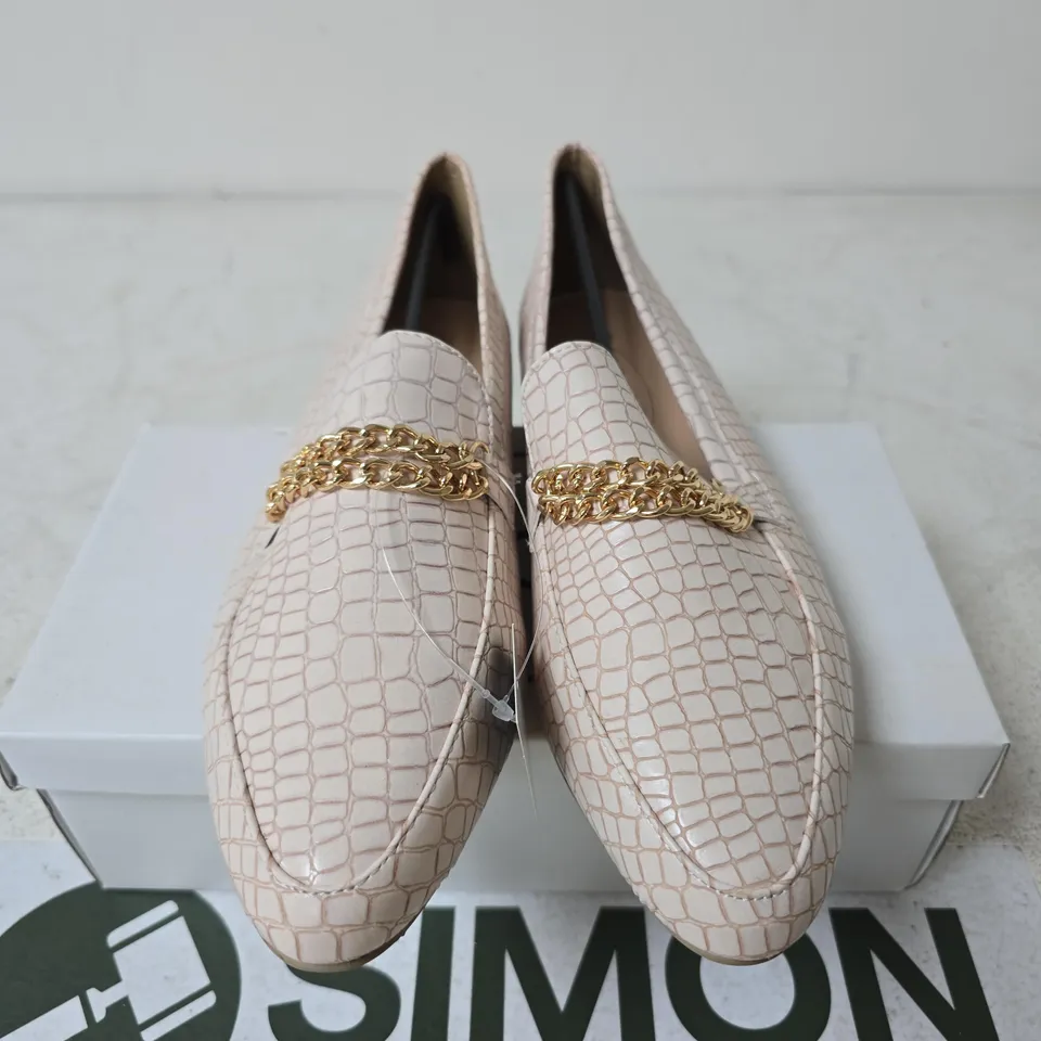 BOXED SPOT ON CHAIN DETAIL CROC LOAFERS, NUDE - UK SIZE 8