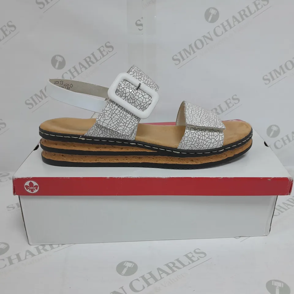 BOXED PAIR OF RIEKER WEDGE BUCKLE SANDALS IN WHITE SIZE 8 