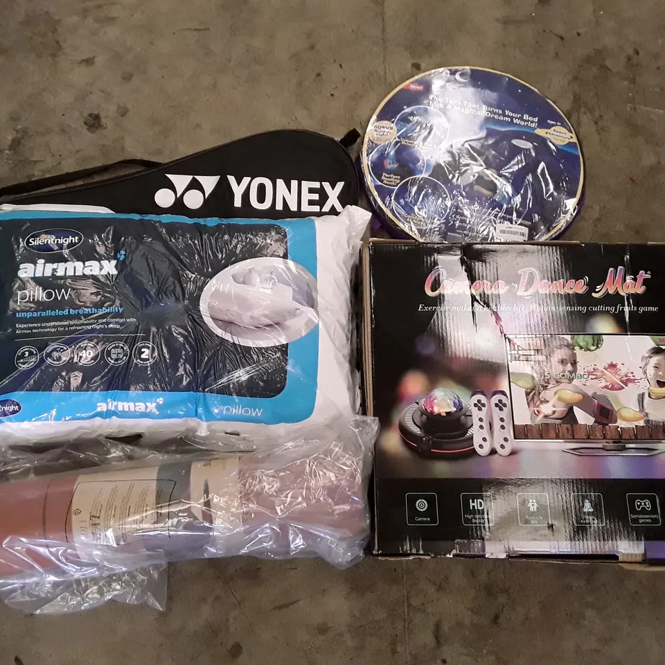PALLET OF ASSORTED PRODUCTS INCLUDING POP UP TENT, SILENTNIGHT AIR MAX PILLOW, YOGA MAT, CAMERA DANCE MAT, BADMINTON RACKET
