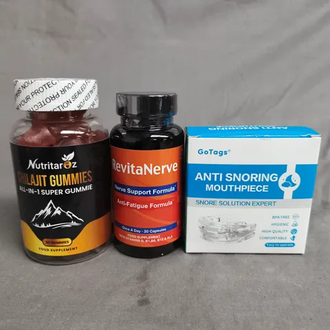 APPROX 10 ASSORTED ITEMS TO INCLUDE REVITANERVE NERVE SUPPORT FORMULA DIETARY SUPPLEMENT; GUMMIES BOTTLE; GOTAGS ANTI-SNORING MOUTHPIECE BOX