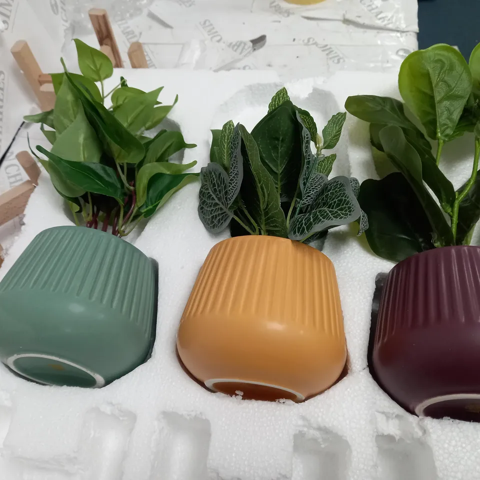 SET OF 3 ARTIFICIAL POTTED FLOWERS ON WOODEN STANDS