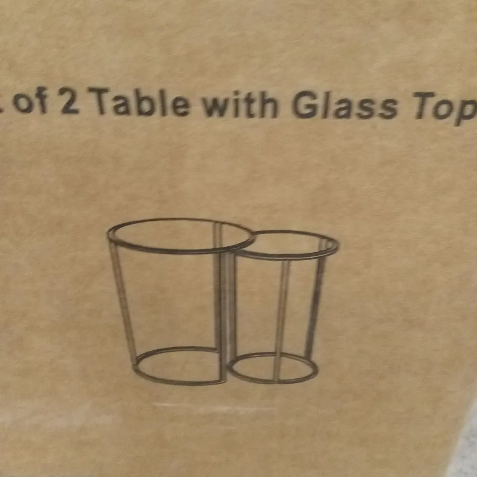BOXED BOURTON METAL ROUND NEST OF 2 TABLES WITH GLASS TOP AND BLACK FRAME (1 BOX)