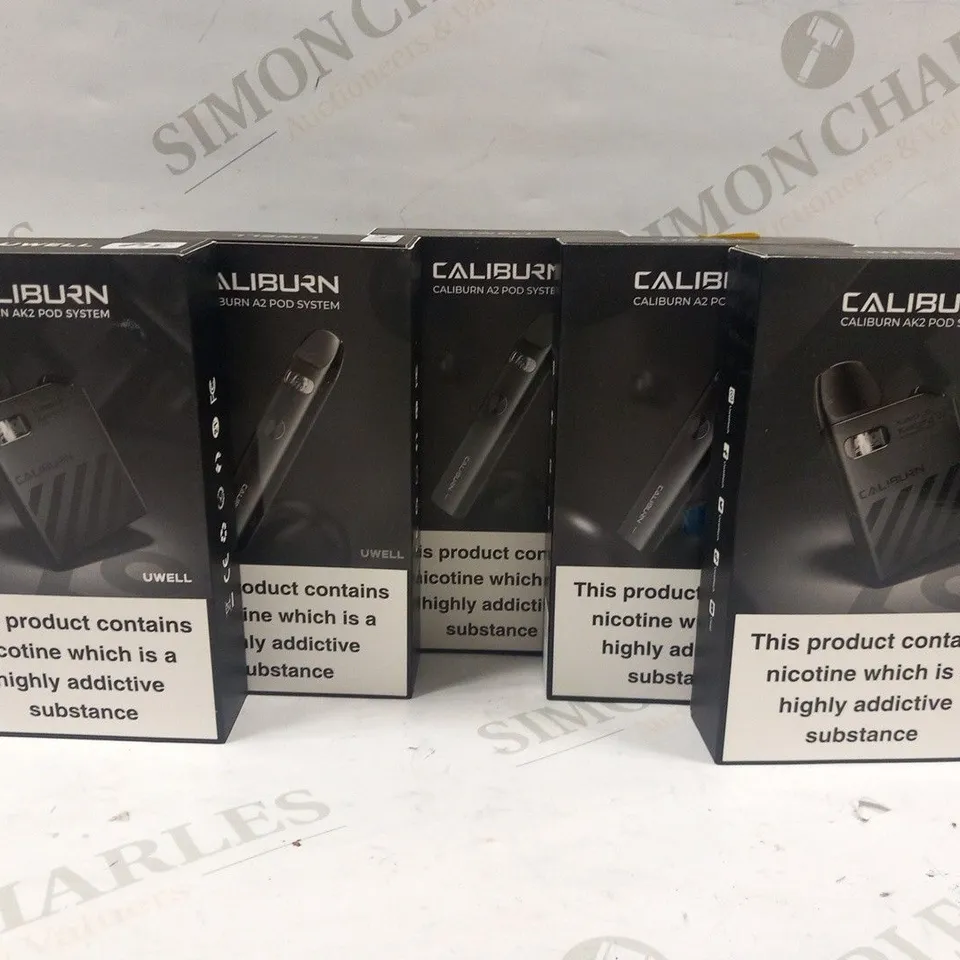 5 ASSORTED UWELL CALIBURN BOXED VAPING PRODUCTS TO INCLUDE; AK2 POD SYSTEM AND A2 POD SYSTEM