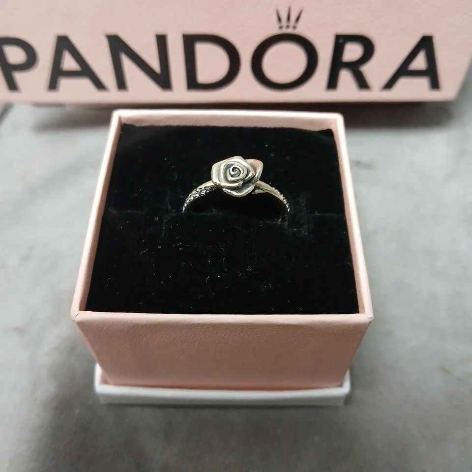 PANDORA SILVER RING WITH ROSE MOTIF, IN PINK PRESENTATION BOX