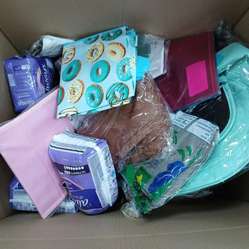 BOX OF APPROXIMATELY 12 ASSORTED ITEMS TO INCLUDE - WINDOW INSULTATION KIT, PILLOWCASES, AND ALWAYS DISCREET PADS ETC. 
