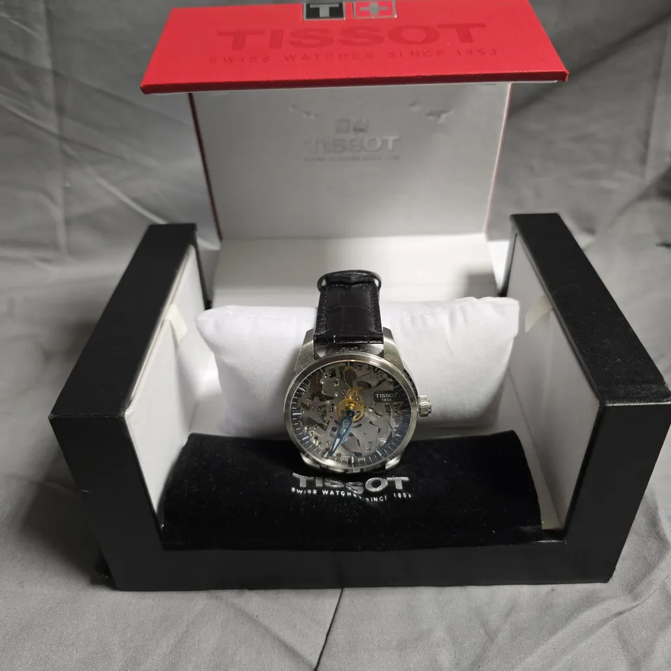 TISSOT SKELETON DIAL WRISTWATCH WITH BLACK LEATHER STRAP