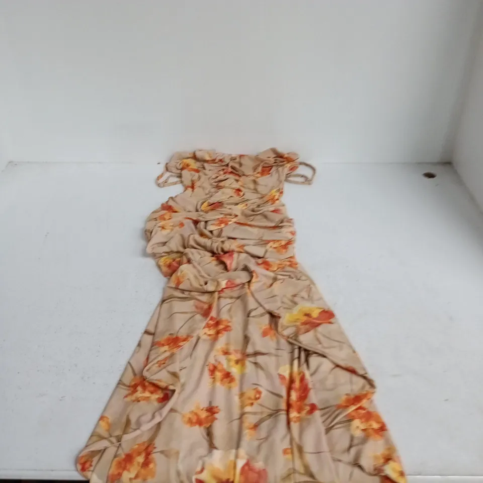 CLUB LONDON FLORAL MAXI DRESS – BEIGE WITH ORANGE FLOWERS, UK 6
