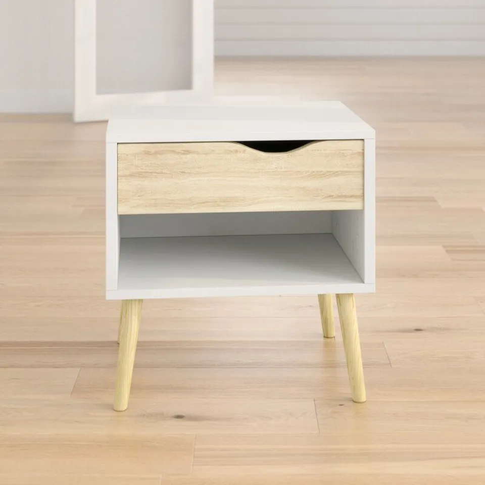 BOXED HAVANA 1 DRAWER BEDSIDE TABLE - WHITE/OAK FINISH