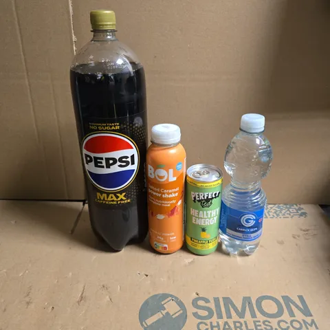 TOTE OF APPROXIMATELY 12 ASSORTED DRINKS ITEMS TO INCLUDE PEPSI MAX, CARRICK GLEN MINERAL WATER AND BOL SALTED CARAMEL POWER SHAKE