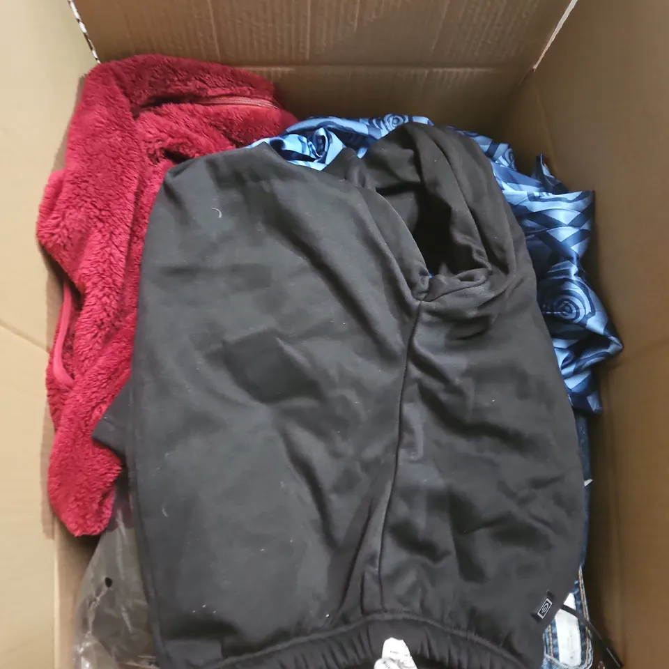 LARGE BOX OF APPROXIMATELY 25 ASSORTED CLOTHING ITEMS IN VARIOUS COLOURS, STYLES AND SIZES - COLLECTION ONLY
