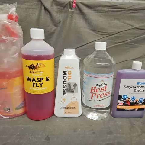 TOTE OF APPROXIMATELY 10 ASSORTED HOUSEHOLD ITEM TO INCLUDE OIL MOUSSE, FUNGUS TREATMENT AND WASP AND FLY ATTRACTANT - COLLECTION ONLY