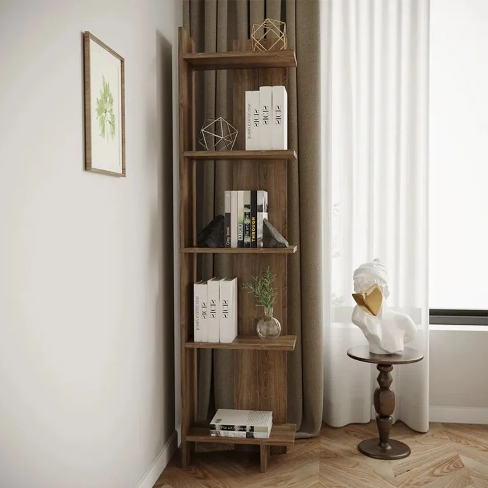 BOXED REGIN SOLID WOOD CORNER BOOKCASE - WALNUT (1 BOX)