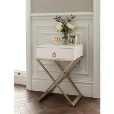 BRAND NEW HOMESDIRECT365 WHITE BEDSIDE TABLE WITH METAL CROSSED LEGS