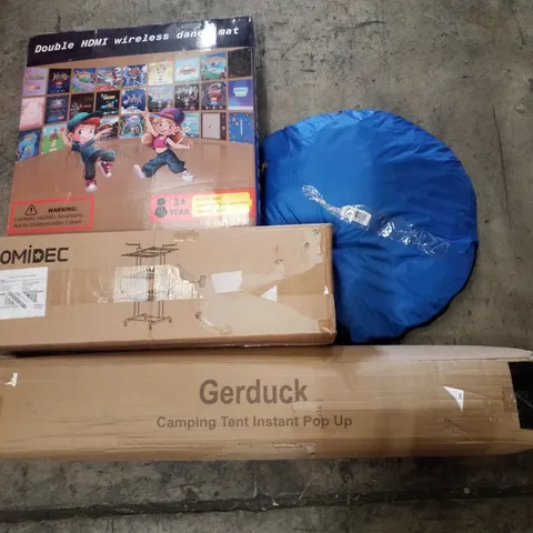 PALLET CONTAINING ASSORTED PRODUCTS INCLUDING DOUBLE HDMI WIRELESS DANCE MAT, THERMOSTATIC MIXER SHOWER, HOMIDEC CLOTHES AIRER & CAMPING TENT INSTANT POP UP