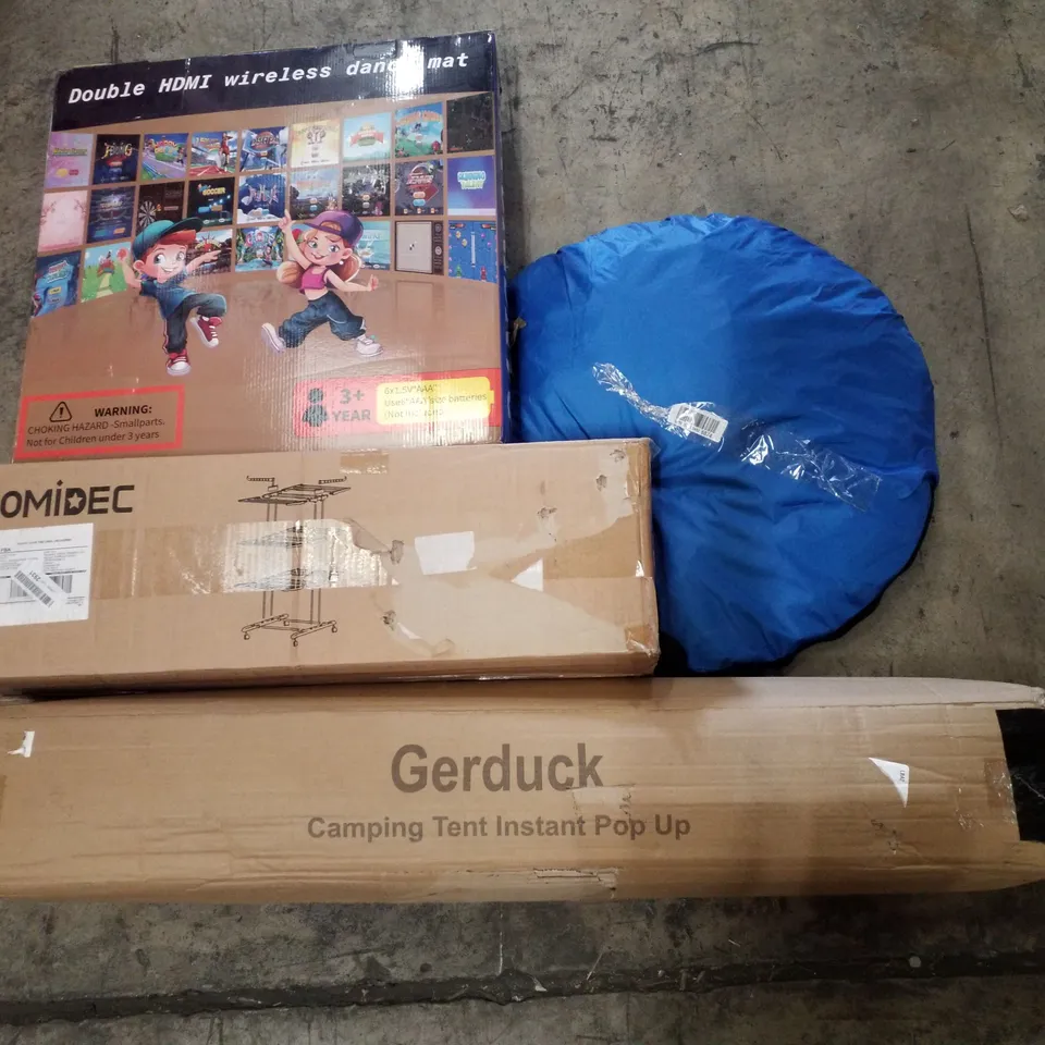 PALLET CONTAINING ASSORTED PRODUCTS INCLUDING DOUBLE HDMI WIRELESS DANCE MAT, THERMOSTATIC MIXER SHOWER, HOMIDEC CLOTHES AIRER & CAMPING TENT INSTANT POP UP