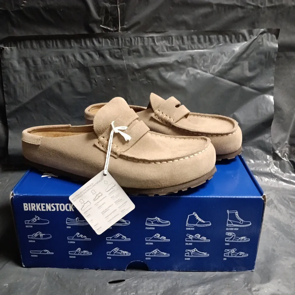 BIRKENSTOCK MOCCASIN-STYLE SLIP-ON SHOES – TAUPE SUEDE SIZE 7