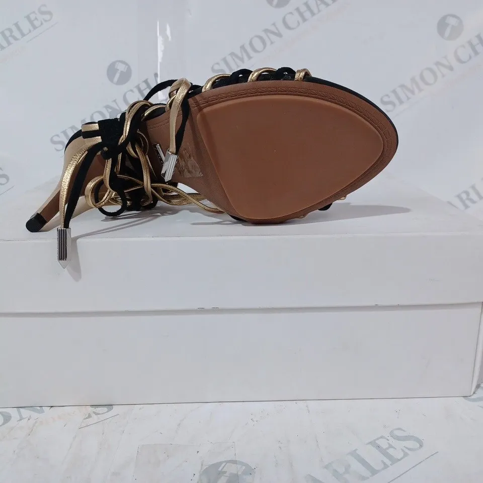 BOXED PAIR OF REISS CASSIDY STRAPPY HEELS IN BLACK/GOLD UK SIZE 4
