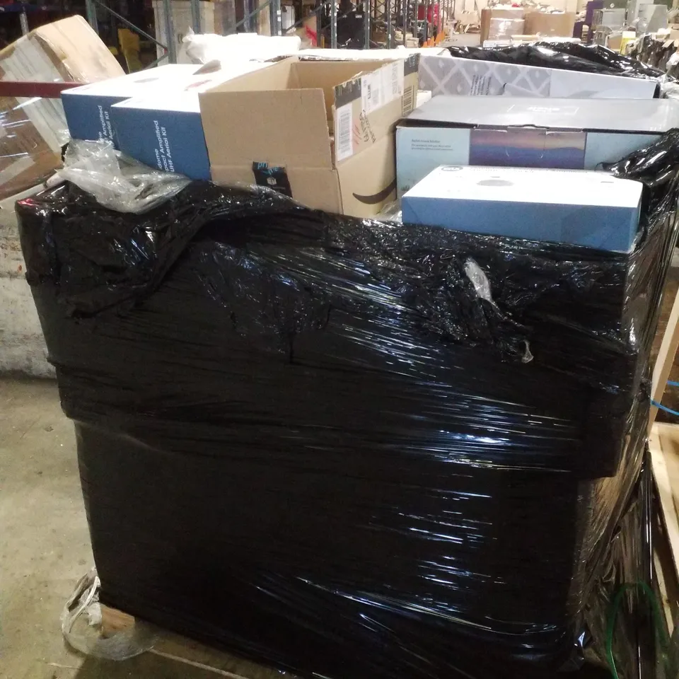 PALLET CONTAINING ASSORTED ELECTRICAL PRODUCTS INCLUDING OMNIDOME COMPACT AMPLIFIED AERIAL KITS, PORTABLE BLUETOOTH SPEAKERS & BEDSIDE ALARM WITH WIRELESS CHARGING