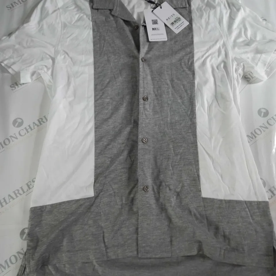 REISS BUTTON THROUGH POLO SHIRT IN GREY/WHTE - L