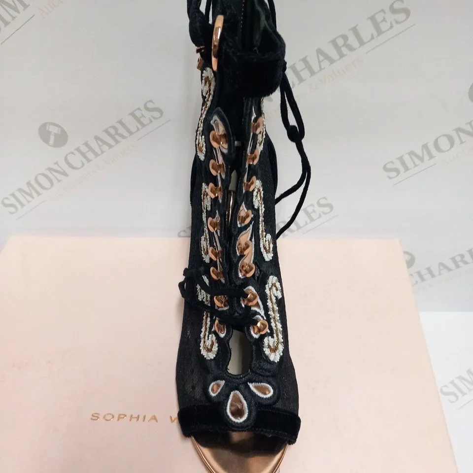 BOXED PAIR OF SOPHIA WEBSTER SELINA BLACK AD ROSE GOLD SANDAL BOOTIE SIZE 38