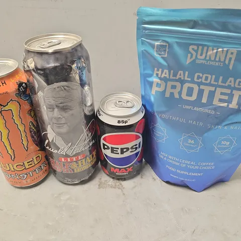 APPROXIMATELY 8 ASSORTED FOOD & DRINK ITEMS TO INCLUDE - SUNNA HALAL COLLAGEN PROTEIN , MONSTER PUNCH MONARCH ETC