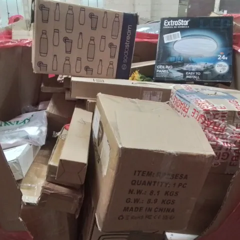 PALLET CONTAINING VARIOUS ASSORTED BOXED HOUSEHOLD ITEMS TO INCLUDE: METAL SAFES, CEILING LIGHT, WINDOW FILM AND LOTS MORE UNMARKED BOXED ITEMS 