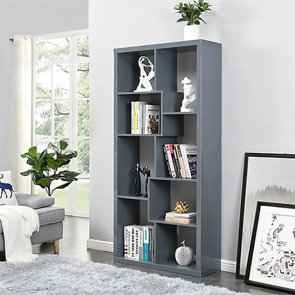 BRAND NEW BOXED QUINTO HIGH GLOSS SHELVING UNIT IN GREY (1 BOX)