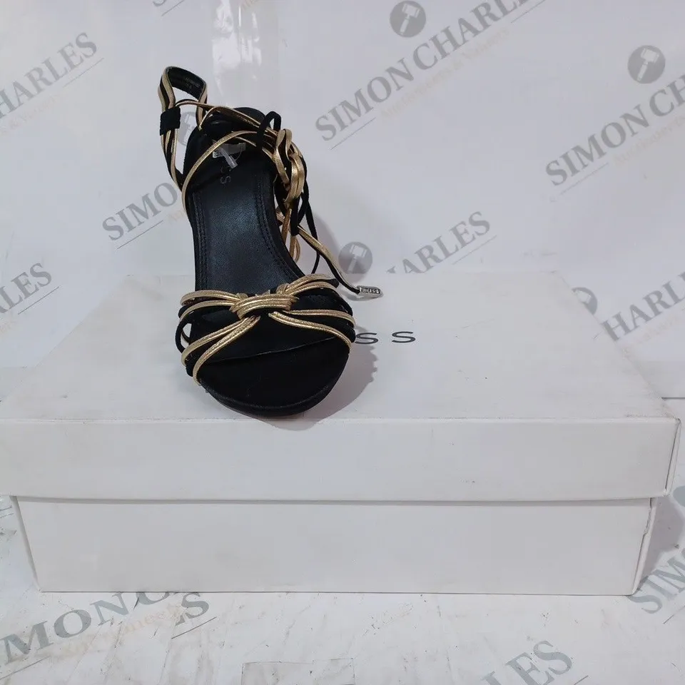 BOXED PAIR OF REISS CASSIDY STRAPPY HEELS IN BLACK/GOLD UK SIZE 4