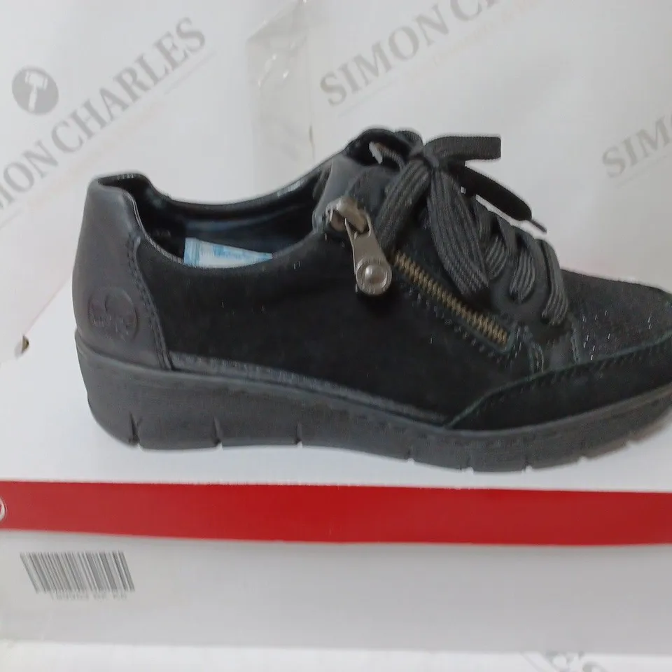 BOXED PAIR OF RIEKER WEDGE TRAINERS IN BLACK, UK SIZE 5