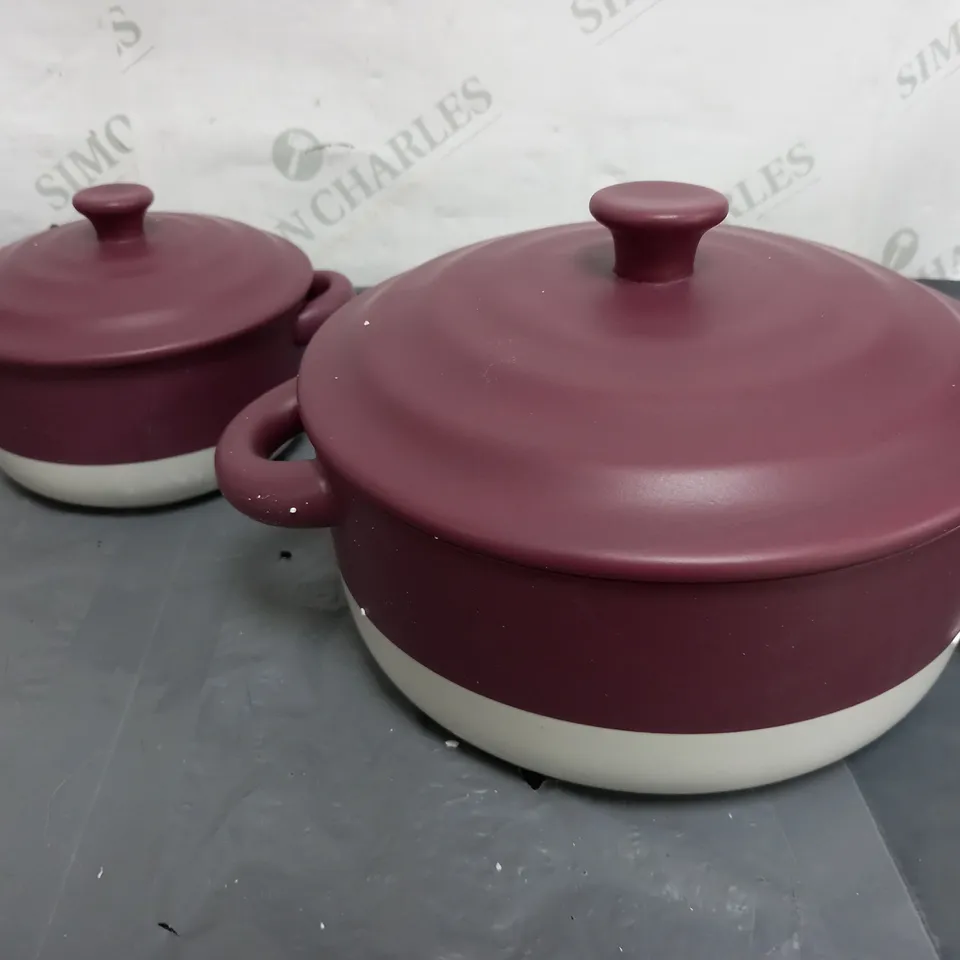 BUNDLEBERRY BY AMANDA HOLDEN PORCELAIN MEDIUM AND SMALL CASSEROLE DISH SET - PLUM & WHITE