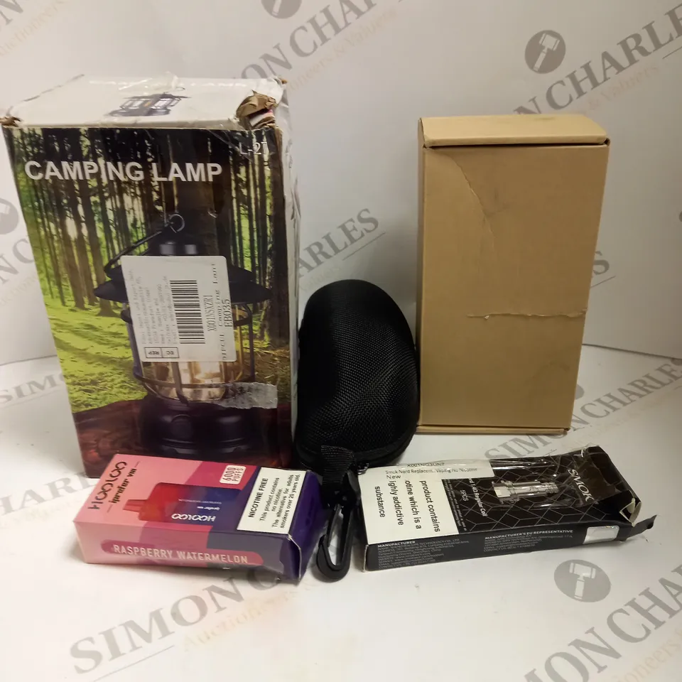 BOX TO CONTAIN 5 X ASSORTED PRODUCTS. INCLUDES CAMPING LAMP, E-CIG REPLACEMENT PARTS ETC