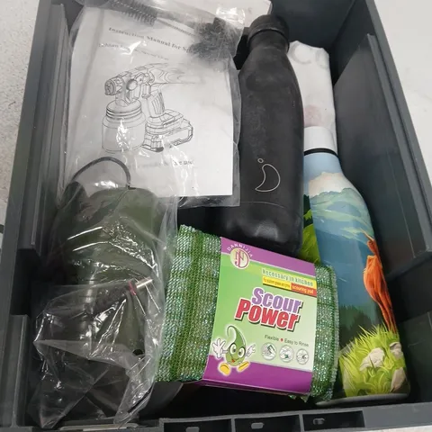 BOX OF APPROXIMATELY 20 MIXED ITEMS INCLUDING UMBRELLA, BOTTLES ETC.