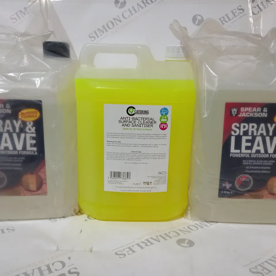 3 ASSORTED LIQUID PRODUCTS TO INCLUDE ANTI-BACTERIAL SURFACE CLEANER AND SANITISER, AND SPRAY & LEAVE POWERFUL OUTDOOR FORMULA - COLLECTION ONLY