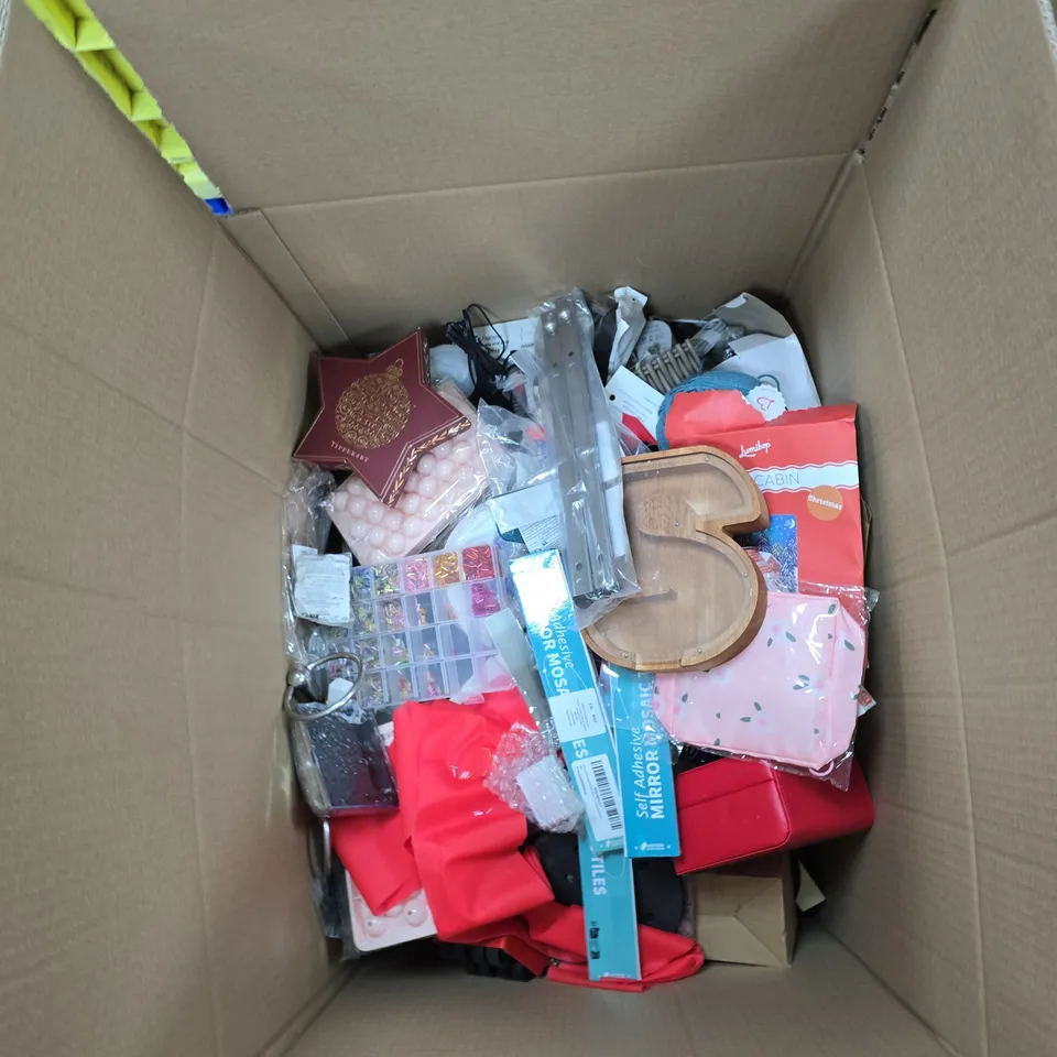 BOX OF APPROXIMATELY 25 ITEMS TO INCLUDE: BATHROOM WRENCH AND DAILY AFFIRMATIONS CALENDAR 