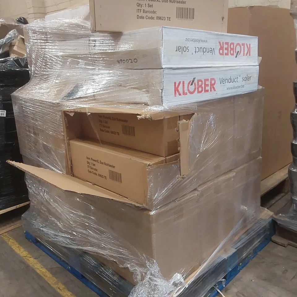 PALLET CONTAINING A VERY LARGE QUANTITY OF ITEMS INCLUDING: POWER XL DUO NUTRISEALERS, VERDUCT SOLAR DUO SOLAR THERMAL OUTLET KITS FOR ROOF TILES ECT