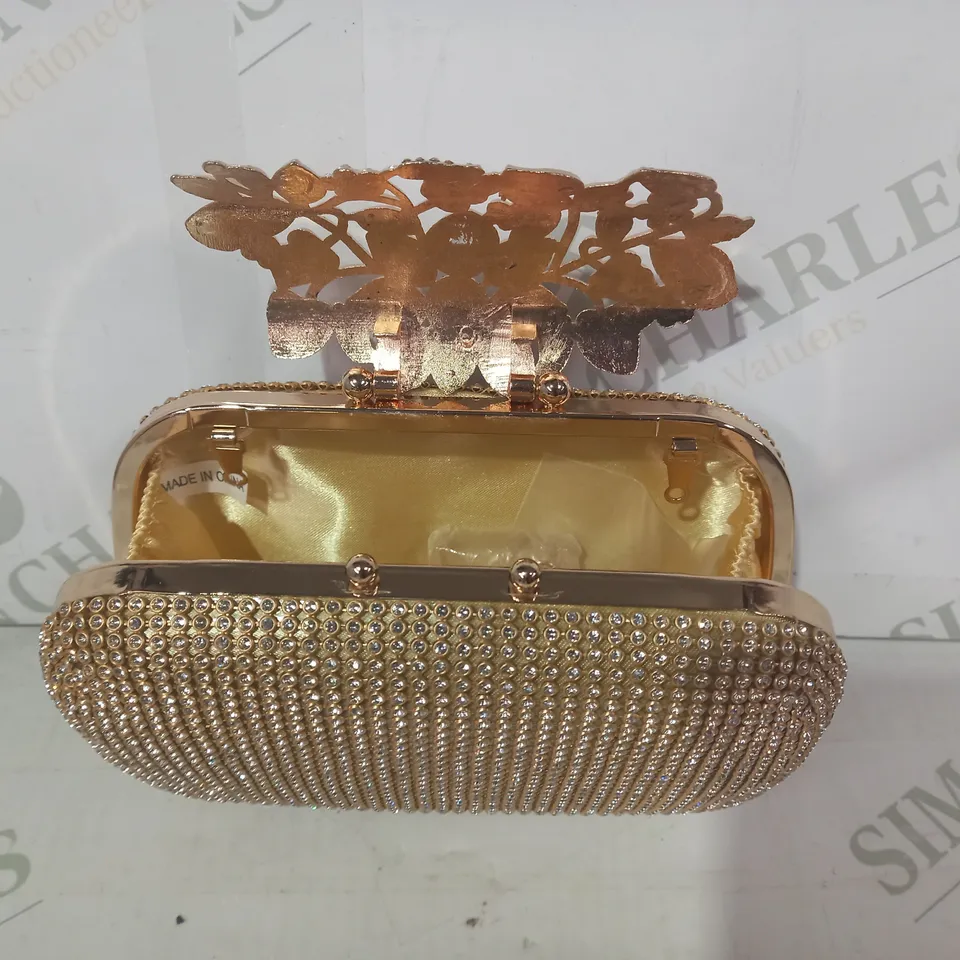 UNIQUE CLASP GOLD EFFECT DIAMANTE EVENING CLUTCH BAG